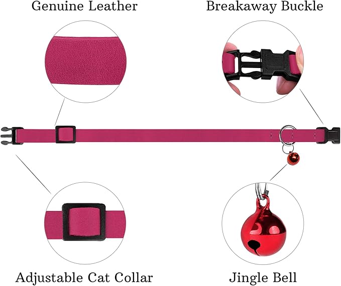 Breakaway Cat Collar Leather with Removable Bell - 13 Colors Available - Soft Adjustable Girl Boy Safety Lightweight Pet Kitten Collars Pink Brown Blue Green Red Orange Black (Pink)-Mewly Pet