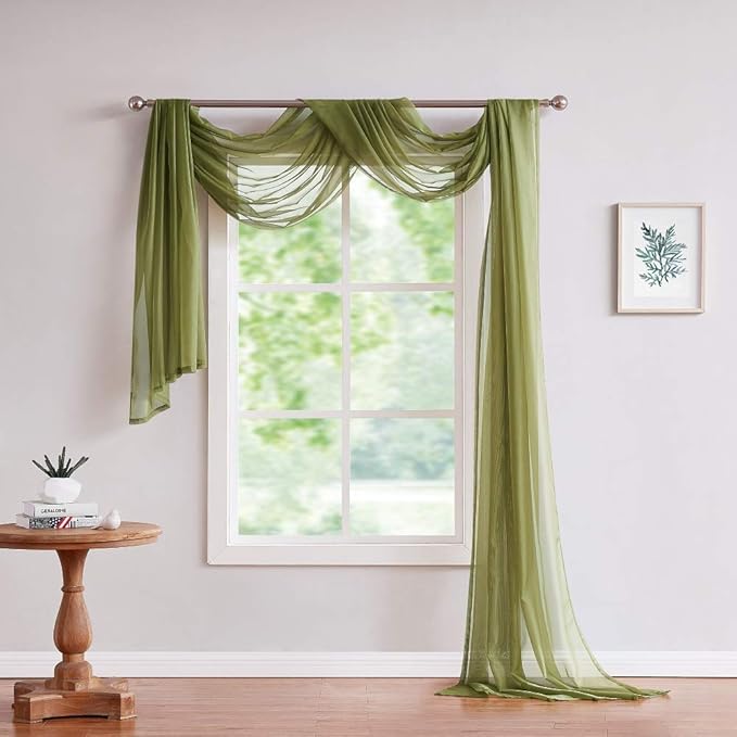 Warm Home Designs 24 Feet Long Sage Green Sheer Window Scarf. These XXL Length Valance Scarves 54 X 288 Inches in Size. Great as Bed Canopy or Wedding Arch Draping Fabric. AM Sage 288"