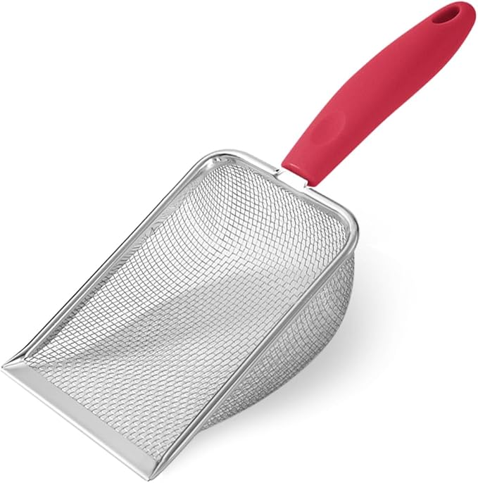 Cat Litter Scoop,Sturdy Litter Cleaner Corner Shovel,Stainless Steel Mesh Litter Shovel,Easy to Clean Reptile Terrarium Sand Waste,Beach Shovel(Red)-Mewly Pet