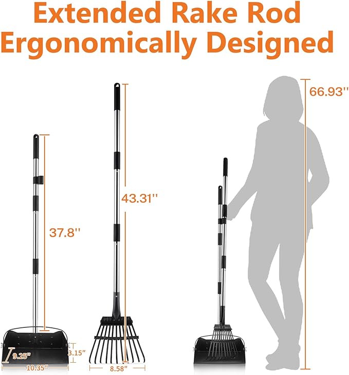 Toozey Unbreakable Dog Pooper Scooper with Extra Large Stainless Metal Poop Tray & 43.31" Long Handle Rake Scoop, Easy Waste Cleanup for Large, Medium, Small Dogs with 20 Bags-Mewly Pet