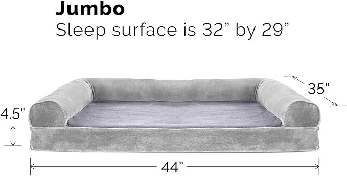 Furhaven Orthopedic Dog Bed for Large Dogs w/ Removable Bolsters & Washable Cover, For Dogs Up to 95 lbs - Faux Fur & Velvet Sofa - Smoke Gray, Jumbo/XL-Mewly Pet