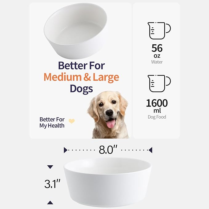 White Dog Bowl Ceramic for Medium Large Breed, Heavy Weighted Dog Food Water Dish, 8 in Non - Slip Modern Cute Extra Big Porcelain Pet Bowl Maze Wide Mouth-Mewly Pet
