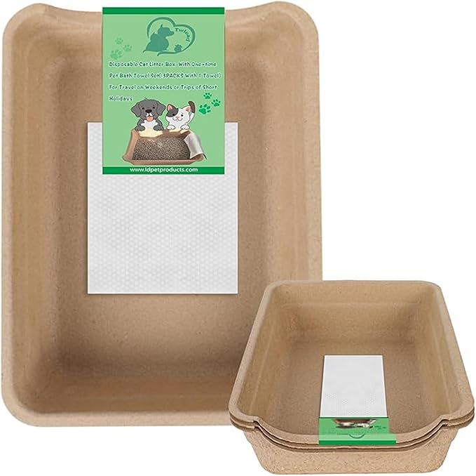 Disposable Litter Boxes for Cats, Low Entry Paper Litter Box, Paper Cat Litter Tray with One-time Pet Bath Towel Set （3PACKS with 1 Towel） for Travel on Weekends or Trips of Short Holidays-Mewly Pet