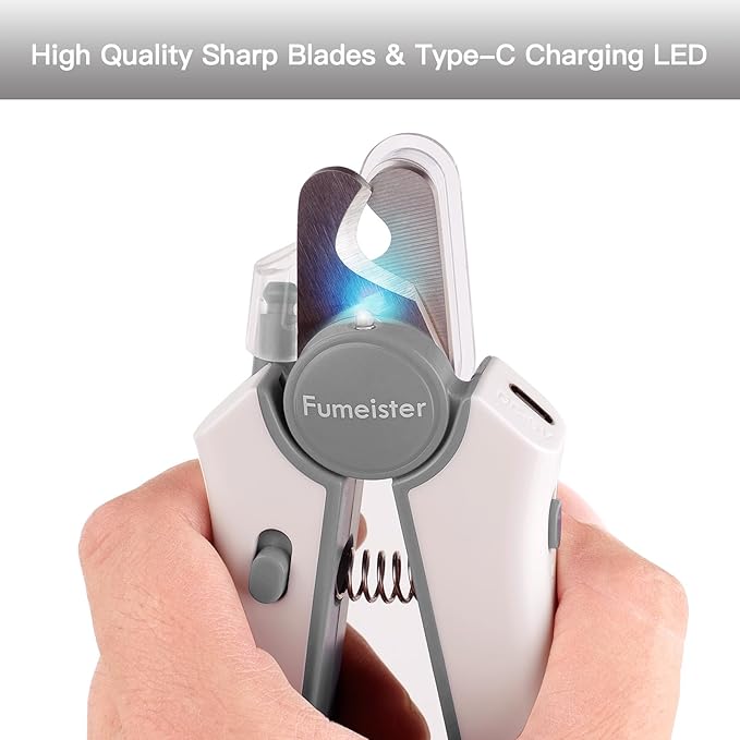 Type-C Rechargeable Dog & Cat Nail Clippers - LED Pet Nail Trimmer with Built-in Nail File, Extra Sharp Blades for Small & Medium Dogs, Indoor Cats (White-Gray)-Mewly Pet