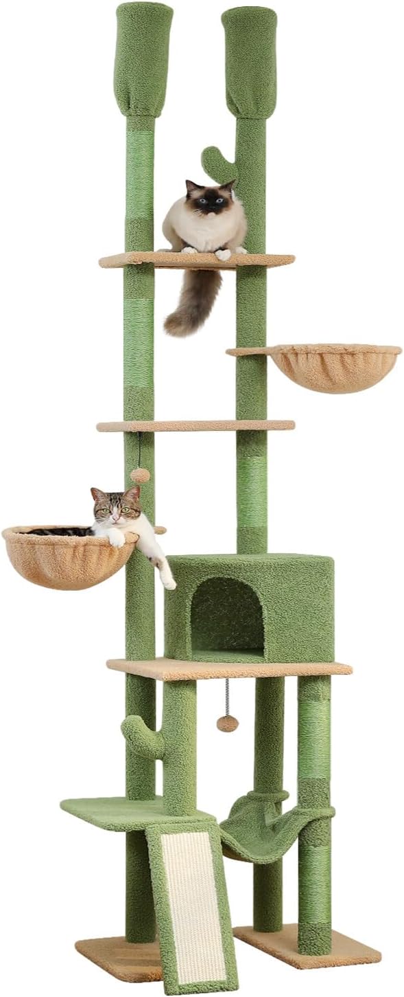 PAWZ Road Cactus Cat Tree Floor to Ceiling Cat Tower with Adjustable Height(85-112 Inches), 7 Tiers Climbing Activity Center with Cozy Hammocks, 5 Platforms and Scratching Posts for Indoor Cats-Mewly Pet