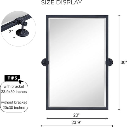 TEHOME 20x30'' Pivot Tilting Bathroom Vanty Mirror Rectangle Black Metal Framed Beveled Wall Mirror