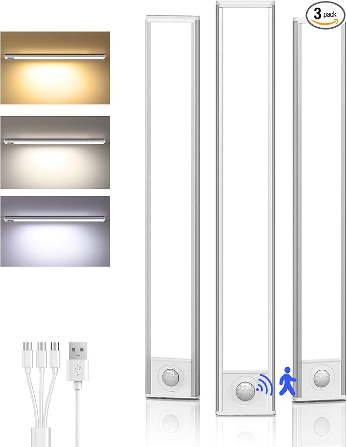Under Cabinet Lighting Wireless,Rechargeable Battery Motion Sensor Light Indoor,LED Closet Lights USB Charging,3 Color Dimmable Under Cabinet Lights for Kitchen, Cabinet, Wardrobe (3 Pcs) 8inch