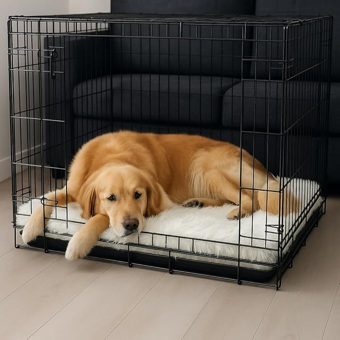 IHAPPYDOG Luxury Faux Fur Orthopedic Dog Beds, Memory Foam Crate Bed for Small, Medium, Large and XL Pets, Fluffy Pet Bed with Waterproof and Washable Cover, Fits Crates (White, XL 47" x 29")-Mewly Pet