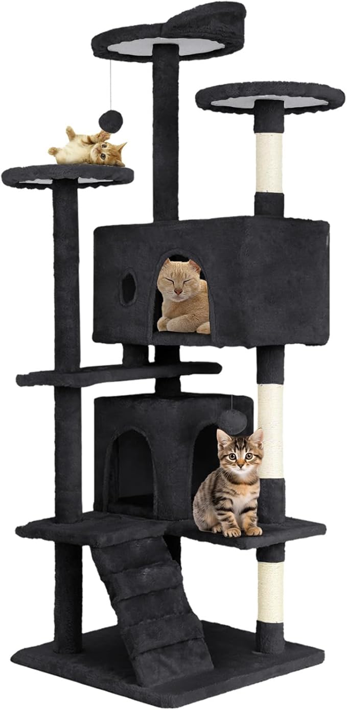 54.7 inches Cat Tower for Indoor Cats, Multi-Level Cat Condos with Scratching Posts, Hanging Toys, Dark Gray-Mewly Pet