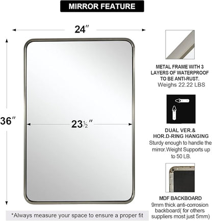 ANDY STAR Brushed Nickel Bathroom Mirror, 24x36’’ Rounded Rectangle Mirror Modern Silver Vanity Mirror SUS304 Metal Tube Frame(Rustproof) 1’’ Deep Wall Mounted Vertically/Horizontally