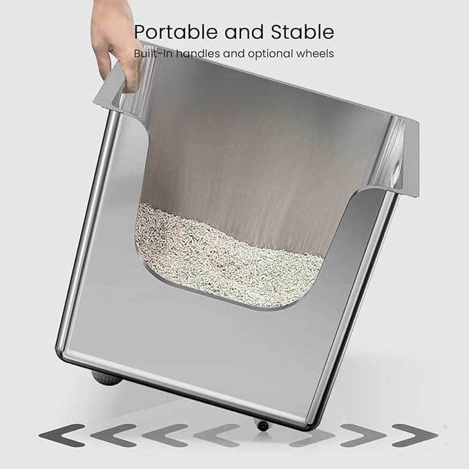 Stainless Steel Litter Box 13.7'' High Sides, XL Metal Cat Litter Box with Curved Low Entry, Cat Litter Pan for Big & Multiple Cats, Pet Toliet with Handy Wheels for Easy Moving-Mewly Pet