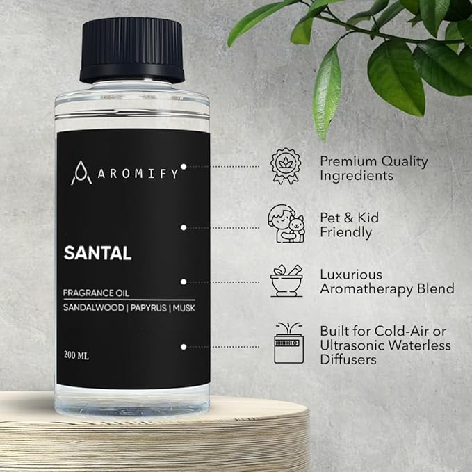 Santal Diffuser Oil, 6.7 FL Oz, 200 mL Diffuser Fragrance Oil for Home, Bathroom & Office, Aromatherapy Blend of Natural Essential Oil, Sandalwood & Musk Scent.
