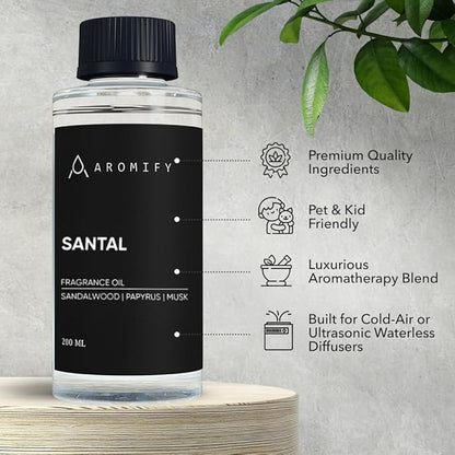Santal Diffuser Oil, 6.7 FL Oz, 200 mL Diffuser Fragrance Oil for Home, Bathroom & Office, Aromatherapy Blend of Natural Essential Oil, Sandalwood & Musk Scent.