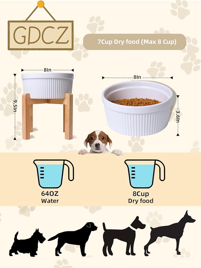 Large Dog Food Bowl, 65 oz Ceramic Bowls for Medium Breed, Pet Food Water Dish Heavy Wighted, Raised Dog Bowl with Wooden Stand, White-Mewly Pet