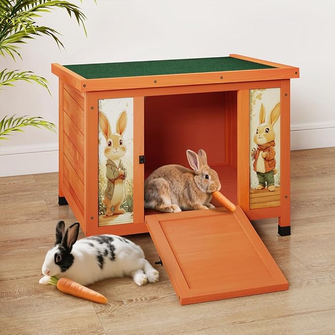COZIWOW 24in Wooden Cat House Outdoor & Indoor Pet Shelter with Foldable Ramp - Weatherproof Rabbit Hutch with Unique Machine-Printed Art Designs for Cat, Rabbit, Guinea Pig (Orange)-Mewly Pet