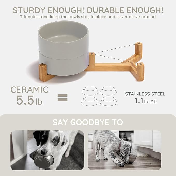 SPUNKYJUNKY Ceramic Dog and Cat Bowl Set with Wooden Stand, Modern Cute Weighted Food Water Bowl Set for Medium to Large Size Dogs (42 OZ, 2 × Grey)-Mewly Pet