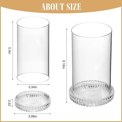 Hurricane Glass Candle Holders Set of 2, Serrated Round Candle Stand for Pillar Candles Modern CandleHolders Cylinder Chimney Cover for Outdoor Wedding Decor Parties & Table Centerpieces