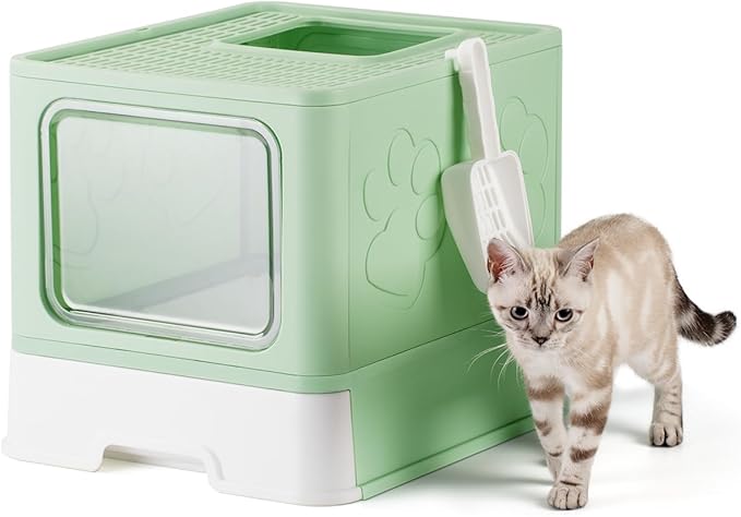 Enclosed Cat Litter Box, Large Litter Box for Big Cats, Covered Kitty Litter Boxes with Lid, Top Entry Cat Box Enclosure with Scoop, Odor Control, Easy to Clean(Green)-Mewly Pet