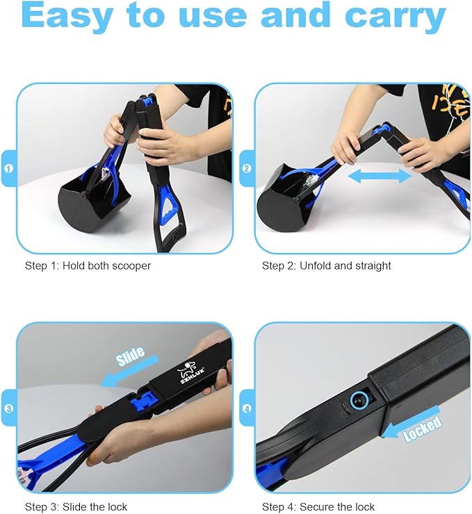 SZHLUX 28" Pooper Scooper, Foldable Dog Pooper Scooper with Unbreakable Material and Durable Spring for Grass and Gravel, Blue-Mewly Pet