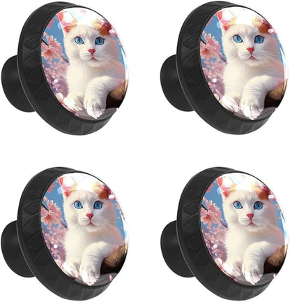 4 Pack Cabinet Knobs White Cat Drawer Pulls Crystal Glass Round Knobs Handles for Dressers Drawer Bathroom Kitchen Cupboards Wardrobes Hardware Furniture Knobs