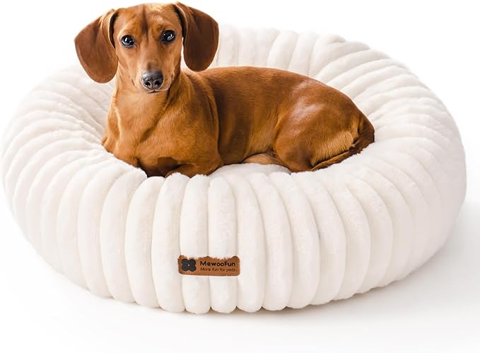 MEWOOFUN Donut Dog Beds for Small Dog, Calming Bed Round Cute Puppy Bed with Non-Slip Bottom, Fluffy Washable Pet Bed for Puppy and Kitten (Cream, S (25x25x7))-Mewly Pet