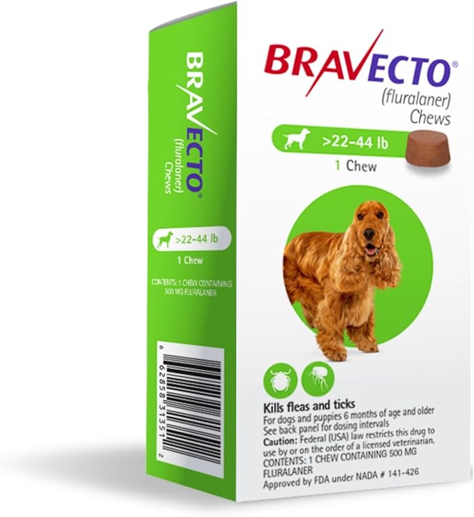 BRAVECTO Chew for Dogs, Flea & Tick, 1 Chew, 12 Week Supply, 22-44 lbs., Green Box-Mewly Pet