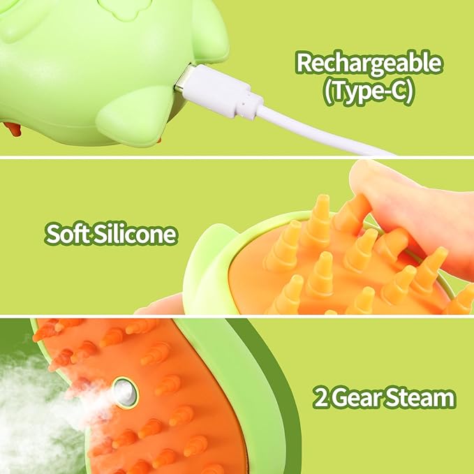 Rechargeable 3in1 Self-Cleaning Steam Grooming Brush for Cat and Dog Shedding - 2 Gears for Long/Short Hair - Green-Mewly Pet