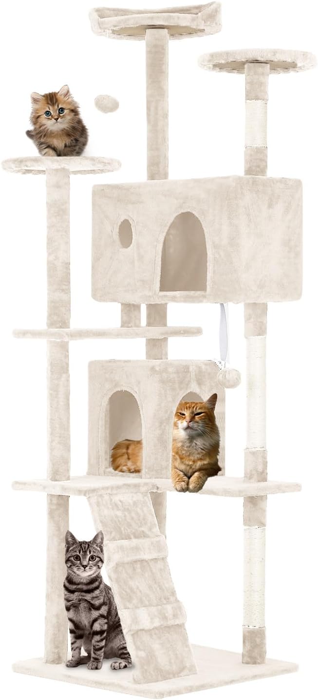 70 Inches Cat Tower for Indoor Cats Multi-Level Cat Condos XL Cat Tree Climbing Tower with Scratching Posts, Hanging Toys, Beige-Mewly Pet