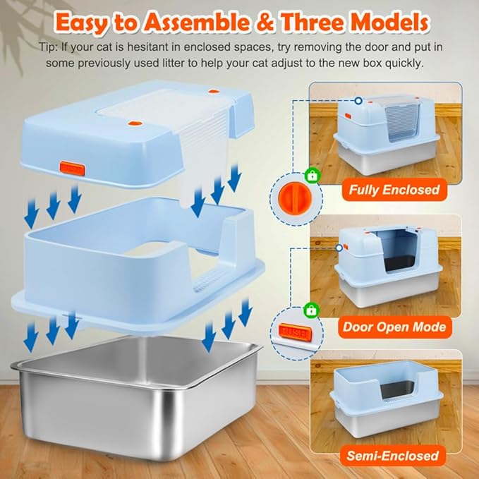 Vivifying Stainless Steel Litter Box with Lid, XL Side Entry Extra Large Litter Box for Big Cats & Kitty, Removable Enclosed Metal Cat Pan with High Sided Enclosure, Scoop, Mat, Footboard (Blue)-Mewly Pet