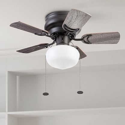 Prominence Home Hero, 28 Inch Traditional Flush Mount Indoor LED Ceiling Fan with Light, Pull Chain, Dual Finish Blades, Reversible Motor - 51655-01 (Bronze)