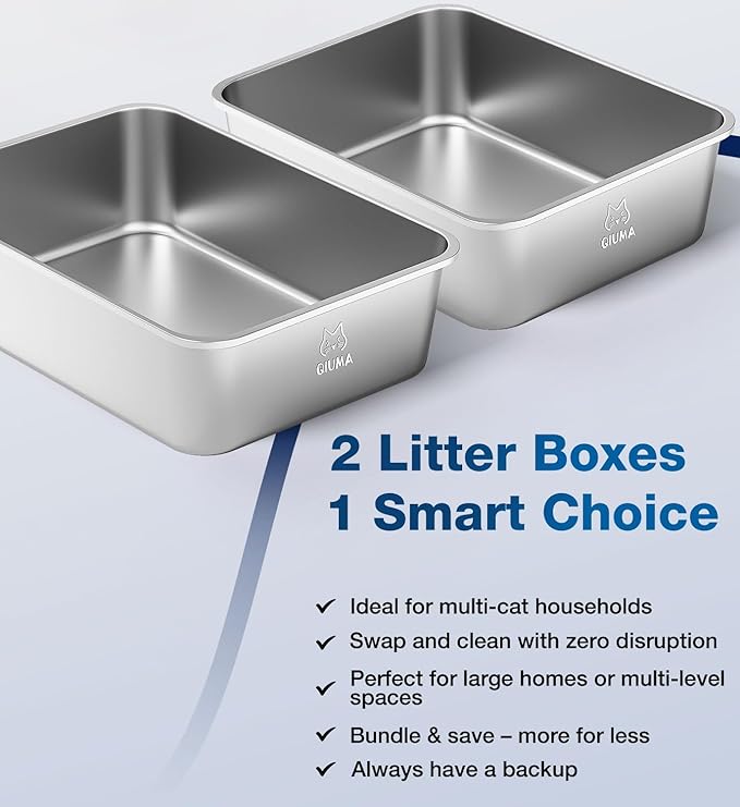 2 Pack Stainless Steel Cat Litter Box, 19.5" L×13.6" W×5.9" H, Metal Kitty Litter Box with High Sided for Big and Small Catss, Non-Stick, Easy to Clean, Odor-Free-Mewly Pet