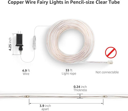 Lighting EVER Plug in Rope Lights with Small Tube, 1/4 in Pencil-Size, 100 LED Copper Wire String Lights in 33 ft Tube, Cool White 6000K, Thin Light Rope for Railing, Fence, Balcony, Not Connectable