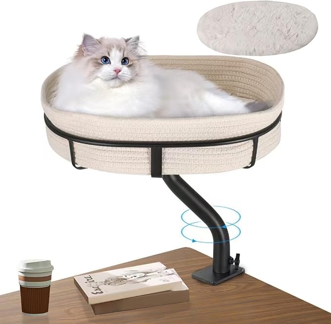 Cat Desk Bed - 360° Rotating Mount Attachment - Space-Saving Cats Hammock for Home Office/Computer Desks, Washable All-Season Indoor Pet Nest - Comfortable Perch-Mewly Pet