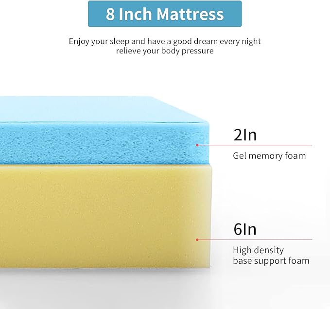 PayLessHere 8 Inch Queen Gel Memory Foam Mattress Fiberglass Free/CertiPUR-US Certified/Bed-in-a-Box/Cool Sleep & Comfy Support