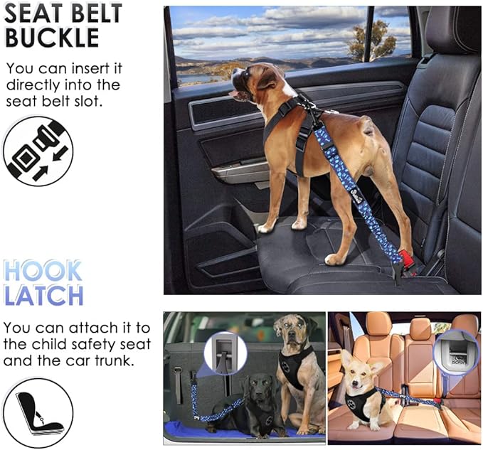 SlowTon Dog Seat Belt, Adjustable Dog Safety Belt Leash, 2 in 1 Latch Bar Attachment Dogs Car Seatbelt with Elastic Nylon Bungee Buffer, Reflective Nylon Belt Tether (BL,35.5in)-Mewly Pet