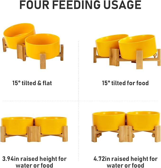 SPUNKYJUNKY 15° Slanted Ceramic Dog and Cat Bowl with Wooden Stand, Tilted Bulldog Food and Water Bowl No Slip Non-Spill for Cats Medium Dogs Big Face Pets 28.7 OZ (3.6 Cups, Yellow × 2)-Mewly Pet