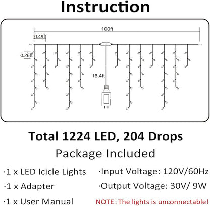 Toodour Christmas Icicle Lights Outdoor, 1224 LED 100ft 8 Modes Fairy Icicle String Light with 204 Drops, Led Christmas Lights Twinkle for Holiday, Party, Wedding, Eaves, Xmas Decorations (Multicolor)