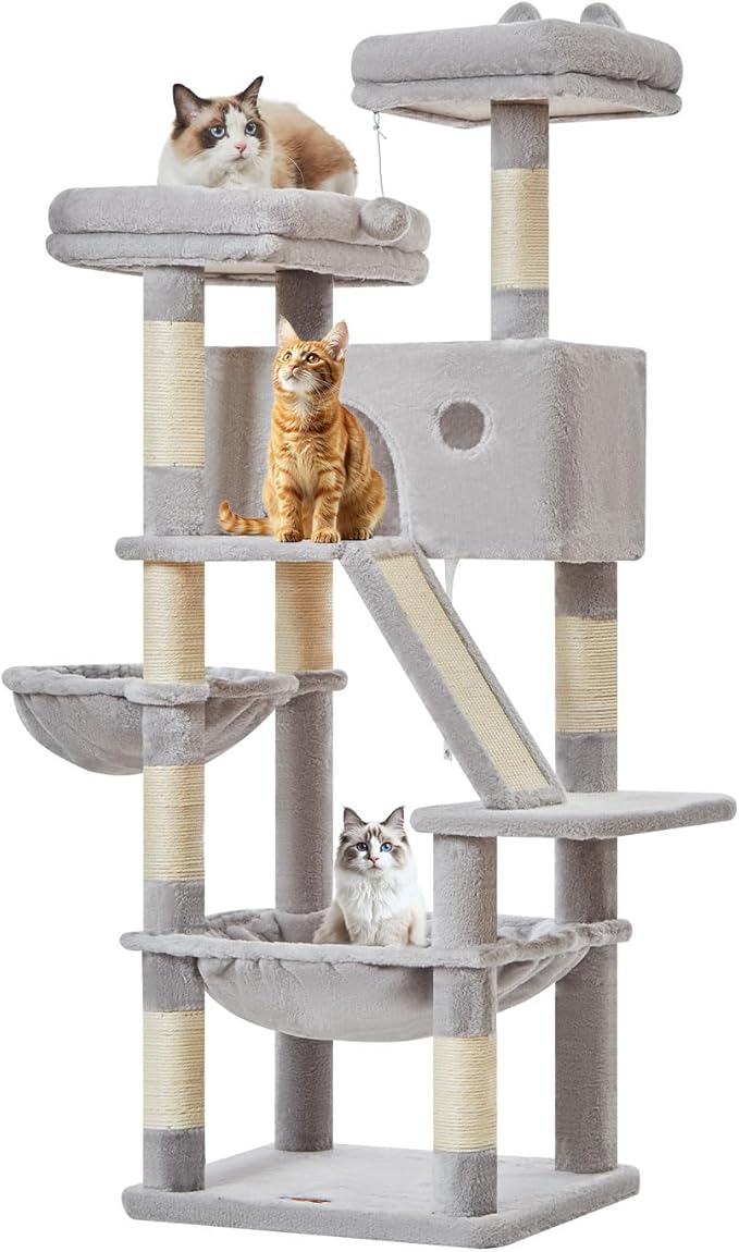 Taoqimiao Cat Tree 57.5-Inch, Cat Tower for Indoor Cats Large Adult, Extra Large Cat Condo, 8 Sisal Scratching Posts, Metal Frame Cozy Hammock, Durable Scratch Board, 2 Top Perches, Light Gray MS026W-Mewly Pet