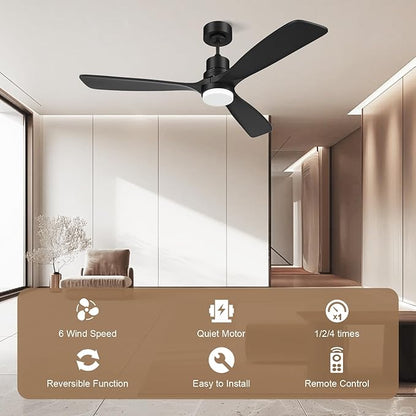 Obabala 52inch Ceiling Fan with Light and Remote Control Outdoor Ceiling Fan with 3 Blades Wood Reversible DC Motor for Patio, Porch, Bedroom, Living Room (Black)