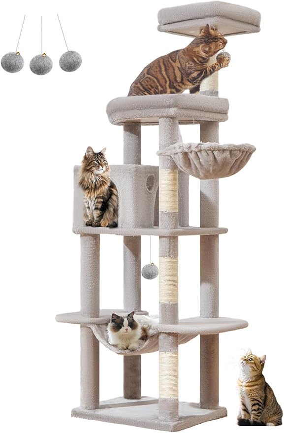 Taoqimiao MS042W Cat Tree,66-inch Large Cat Tower with Scratching Posts, Luxurious Large Platform for Big Cats with Soft Hammock, Adjustable Basket, Deluxe Cat Cando, Top Perch Light Gray-Mewly Pet