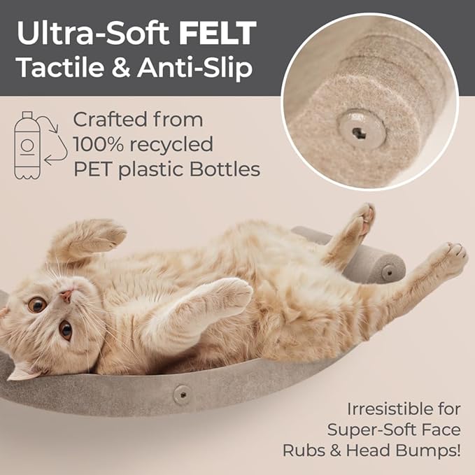 Wall Mounted Cat Shelves (Set of 4) by Pryde Pets - 100% Sustainable PET Felt Feline Enrichment Climber Furniture for Small & Large Indoor Cats, Modern Climbing Gym Jungle Design (Oatmeal)-Mewly Pet