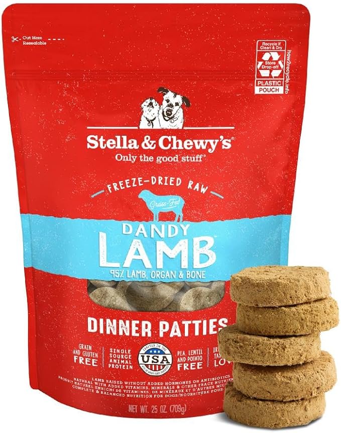 Stella & Chewy's Freeze-Dried Raw Dinner Patties - Dandy Lamb Recipe - High Protein Grain-Free Puppy & Dog Food - Perfect For Picky Eaters - 25 oz-Mewly Pet