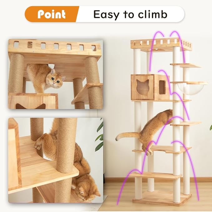 74.8" Wooden Cat Tree Tower for Large Cats, Multi-Level Cat Climbing Furniture with Scratching Posts, Cat Condo & Hammock, Natural Wood Cat Activity Center (White)-Mewly Pet