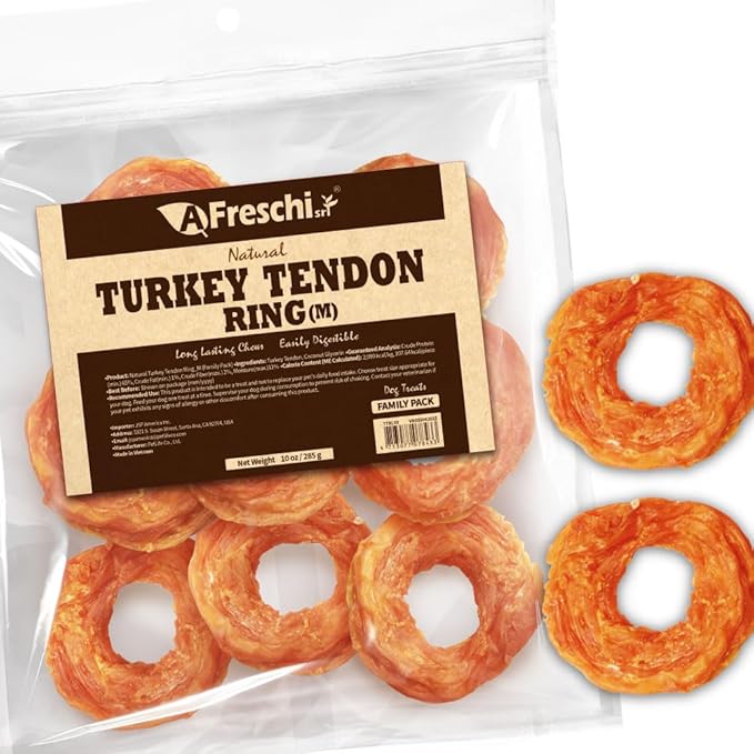 Afreschi Natural Turkey Tendon Ring (M) 10 oz, USA-Sourced Turkey Tendon, All Natural Puppy Chew, Hypoallergenic, Rawhide Alternative, for Medium Breeds-Mewly Pet