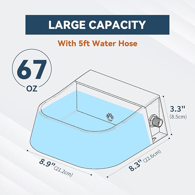 Dog Automatic Water Bowl for 3/4” GHT Male Faucet, 2L Outdoor Auto Fill Water Dispenser with 5ft Water Hose-Mewly Pet