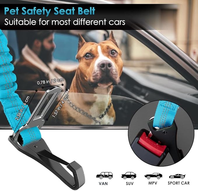 SlowTon Dog Seat Belt, Adjustable Dog Safety Belt Leash, 2 in 1 Latch Bar Attachment Dogs Car Seatbelt with Elastic Nylon Bungee Buffer, Reflective Nylon Belt Tether Connect to Dog Harness (Blue)-Mewly Pet