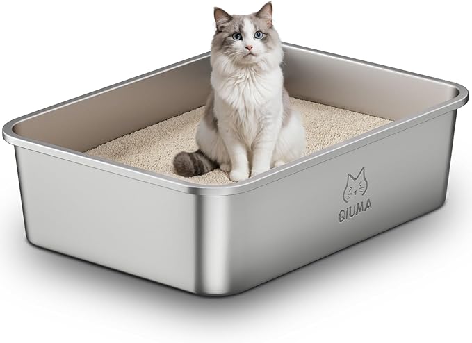 Extra Large Stainless Steel Cat Litter Box, 27.5" L×19.6" W×7.8" H, XXL Metal Kitty Litter Pan with High Sides, Odor-Free, Non-Stick, Easy to Clean, Ideal for Big Cats & Multi-Cat-Mewly Pet