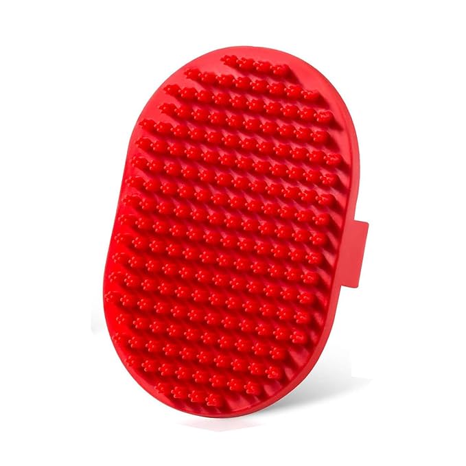 Lilpep Dog Bath Brush, Rubber Pet Shampoo Brush with Silicone Bristles for Massaging Grooming, Removing Short Haired Dogs Cats Shedding, Tangles and Dead Undercoat(Red, plum brush)-Mewly Pet