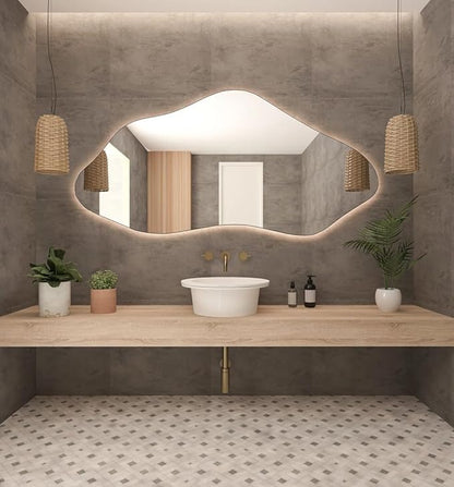 Asymmetrical Bathroom LED Mirror, Modern Irregular Shape Wall Mirror with LED Lights, Frameless Aesthetic Backlit LED Illimunated Vanity Mirror (30" x 15" inc)