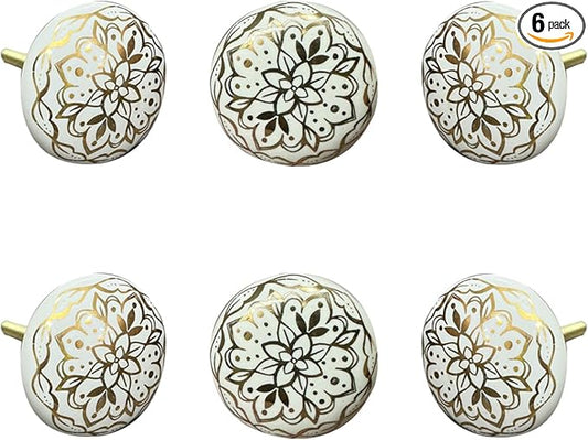Perilla Home Set of 6 Decorative Round Shape Ceramic Knobs for Room Kitchen Cabinet Hardware Cupboard Door Knobs Dresser Wardrobe and Drawer Pulls (White & Gold)